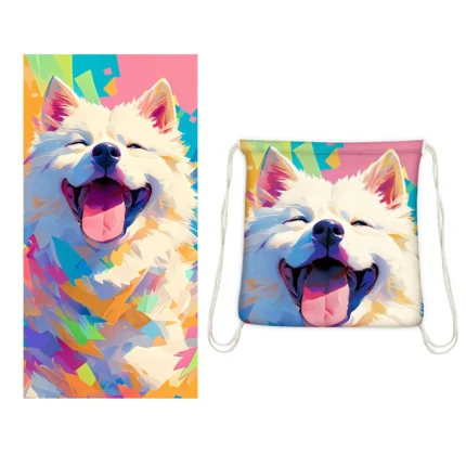 Dual-Function Foldable Beach Towel with Built-in Backpack – Soft Microfiber Towel & Compact Carry Bag in One, 55-Inch Large Size for Swimming, Travel, Picnic (Dog,Colorful)