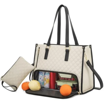 Stylish Quilted Laptop & Lunch Tote Bag , Water-Resistant with Insulated Compartment & Clutch(Beige)